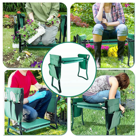 Collage of people using a Foldable Garden Kneeler And Seat With Tool Pouches, Lightweight Multiuse Bench With Soft Kneeling Pad outdoors