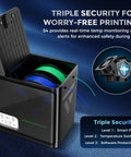 No Fuss 4 Spool Filament Dryer Box With Auto Humidity Control open with filament, triple security features displayed, 3D printer accessory