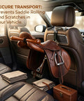 Portable Saddle T Hanger For Car And Trailer Heavy Duty Headrest Saddle Rack Organizer holding a saddle in a car interior.