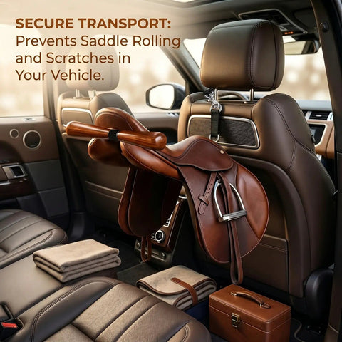 Portable Saddle T Hanger For Car And Trailer Heavy Duty Headrest Saddle Rack Organizer holding a saddle in a car interior.