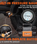 Heavy Duty 12V Dual Cylinder Portable Air Compressor Kit with pressure gauge and deflate button, 150 PSI max, for off-road use