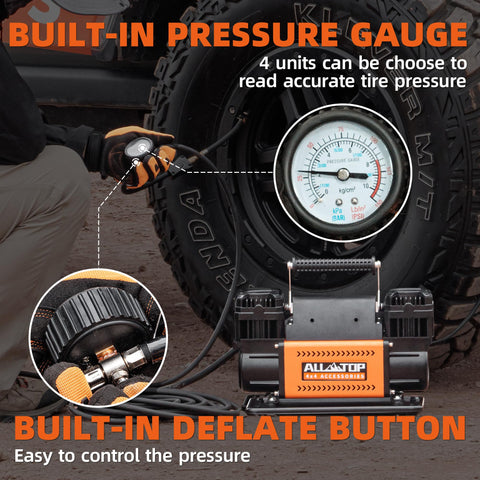 Heavy Duty 12V Dual Cylinder Portable Air Compressor Kit with pressure gauge and deflate button, 150 PSI max, for off-road use