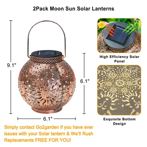 Two Pack Solar Lanterns Outdoor Waterproof Bronze Moon Star Sun Design Lights For Balcony And Yard Creates Cozy Romantic Vibes