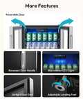 Open Mini Bev Fridge 130 Can Capacity Glass Door Cooler with digital display, UV blocking glass, and adjustable feet.