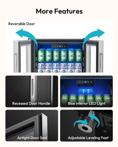 Open Mini Bev Fridge 130 Can Capacity Glass Door Cooler with digital display, UV blocking glass, and adjustable feet.