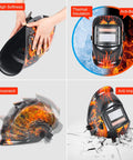 Welding True Color Auto Darkening Helmet With Adjustable Shade Range 4 To 9 To 13 For TIG MIG ARC Welder Mask in flame design, showing flexibility, thermal insulation, and durability.