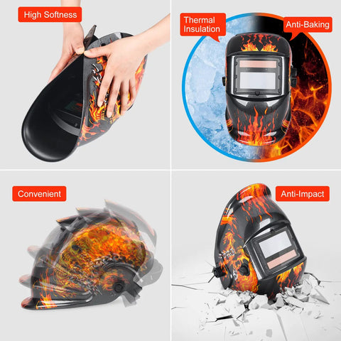 Welding True Color Auto Darkening Helmet With Adjustable Shade Range 4 To 9 To 13 For TIG MIG ARC Welder Mask in flame design, showing flexibility, thermal insulation, and durability.