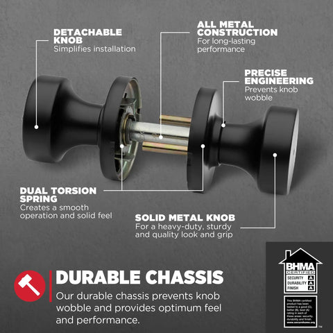 Interior Privacy Door Knob With Lock For Bathroom And Bedroom, Matte Black Keyless Turn Lock Doorknob With Microban Protection, No Fuss DIY Install In Minutes, Includes All Hardware And Release Tool, showcasing detachable knob and durable chassis details.