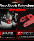 Rear shock extensions for 2-4 inch lift with red shock mount adapter visible, used for Ford F250 F350 4WD suspension upgrade.
