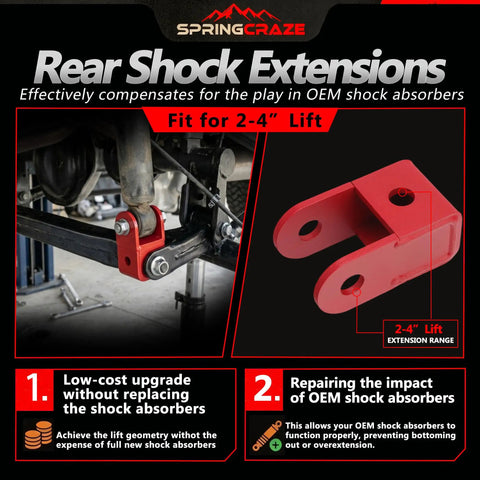 Rear shock extensions for 2-4 inch lift with red shock mount adapter visible, used for Ford F250 F350 4WD suspension upgrade.