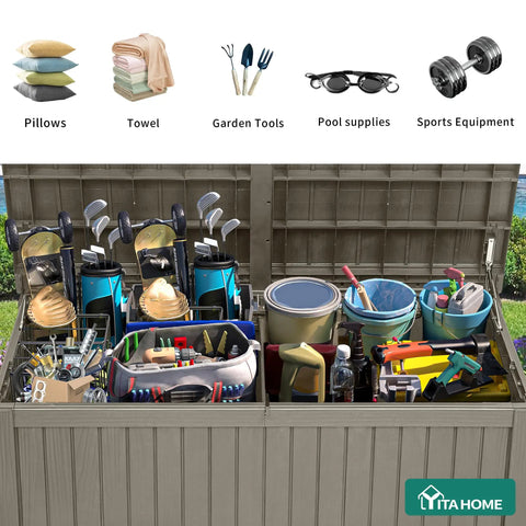 Beefy 220 Gallon XL Outdoor Storage Deck Box With Divider storing pillows, towels, garden tools, pool supplies, and sports equipment