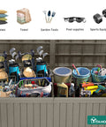 Open Massive 220 Gallon Outdoor Storage Deck Box With Divider Waterproof Lockable Resin Built Wood Look Brown filled with gear