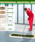 Heavy Duty Commercial Dust Mop For Hardwood Floors With Two Reusable Cotton Yarn Heads And Telescopic Stainless Steel Handle For No Sweat Sweep And Pro Grade Cleanup On Marble Or Tile Surfaces in use on smooth flooring.