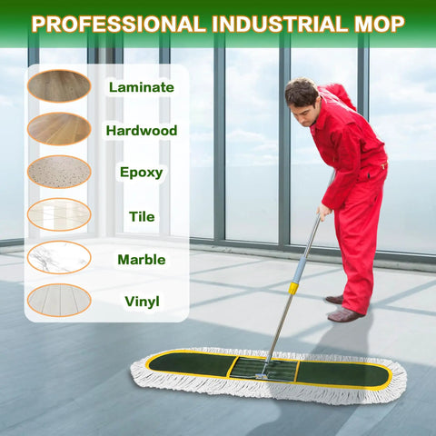 Heavy Duty Commercial Dust Mop For Hardwood Floors With Two Reusable Cotton Yarn Heads And Telescopic Stainless Steel Handle For No Sweat Sweep And Pro Grade Cleanup On Marble Or Tile Surfaces in use on smooth flooring.
