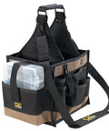Large Electrical And Maintenance Tool Carrier With 22 Pockets, 8.75 Inch By 6.5 Inch Multi Compartment Tray, Heavy Duty Black Tool Bag For Electricians, Maintenance Pros, And DIY Enthusiasts On The Go, black and tan with shoulder strap