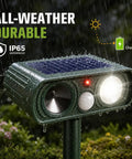4 Pack Solar Powered Ultrasonic Animal Deterrents For Outdoor Gardens With Motion Sensor And Flash Light IP65 Waterproof on stake in rain