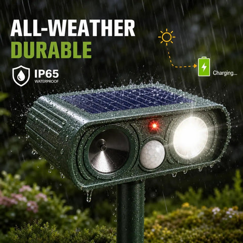 4 Pack Solar Powered Ultrasonic Animal Deterrents For Outdoor Gardens With Motion Sensor And Flash Light IP65 Waterproof on stake in rain