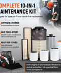Essential 10 In 1 Maintenance Filter Kit For Bobcat Skid Steer Loaders with various filters and a loader in the background.