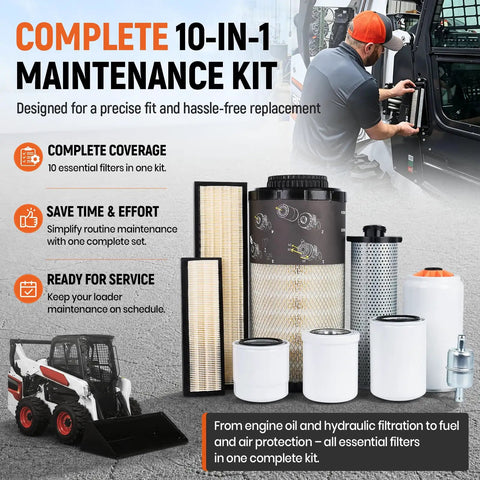 Essential 10 In 1 Maintenance Filter Kit For Bobcat Skid Steer Loaders with various filters and a loader in the background.