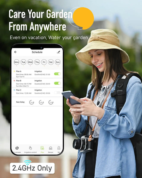 User managing WiFi Water Timer For Garden Hose With App And Voice Control via smartphone outdoors.
