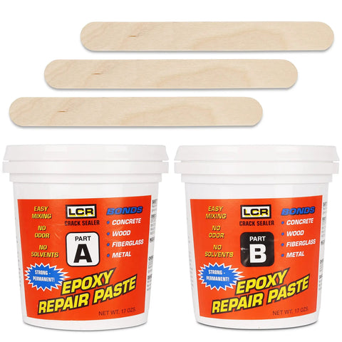 LCR Epoxy Concrete Crack Repair Kit Stop Leaks With High Performance Structural Bonding shown with containers and wooden sticks.