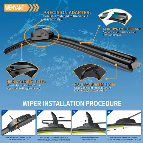 WENYANT wiper installation guide showcasing heavy-duty 22 inch front wiper blades for Ford F150 and Dodge Ram 1500 2500 3500.