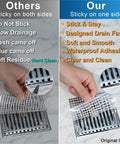Comparison of disposable shower drain hair catcher mesh stickers, left shows sticky issues, right highlights easy peel and stick features.