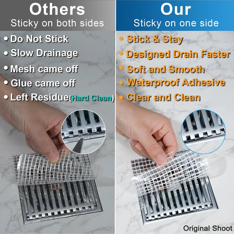 Comparison of disposable shower drain hair catcher mesh stickers, left shows sticky issues, right highlights easy peel and stick features.