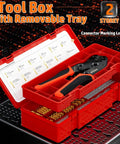 Pro Grade Open Barrel Crimping Tool Kit With Ratcheting Crimper And 10 Size Spade And Ring Terminal Connectors in red box