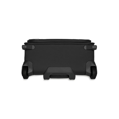 Briggs & Riley Baseline black softside 2-Wheel Carry-On Luggage, bottom view with wheels and interlocking handle