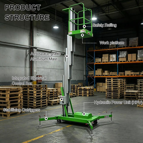 Rock Solid Electric Hydraulic Man Lift, Lightweight Aluminum Aerial Work Platform with labeled features in warehouse setting.