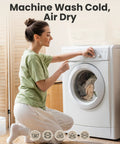 Woman setting washing machine, emphasizing care for Open Toe Ankle Compression Sleeve For Everyday Relief 20 To 30mmHg 1 Pair.