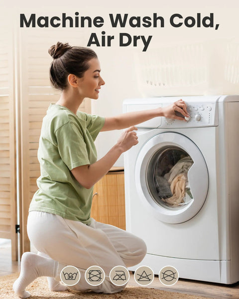 Woman setting washing machine, emphasizing care for Open Toe Ankle Compression Sleeve For Everyday Relief 20 To 30mmHg 1 Pair.