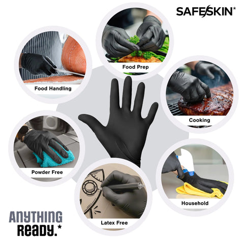 Safeskin black nitrile disposable gloves, XL, 2.0 mil, 100 count, powder- and latex-free for food prep and cooking