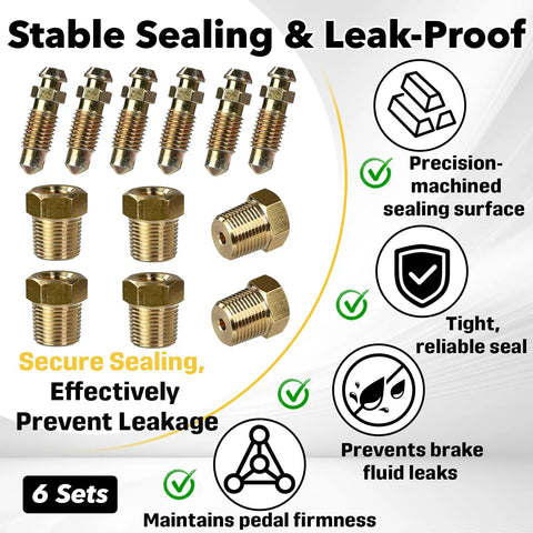 Top Shelf Brake Bleeder Screw Kit With Tough Brass Adapters For Car Calipers, 6 brass valves and adapters, leak-proof sealing, reliable performance.