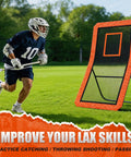 Backyard Lacrosse Rebounder Net 4 By 7 Ft Adjustable With Five Angles And Target Stripe in use on a grassy field