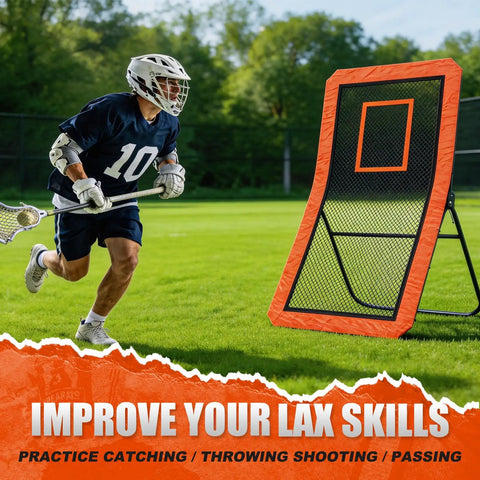 Backyard Lacrosse Rebounder Net 4 By 7 Ft Adjustable With Five Angles And Target Stripe in use on a grassy field
