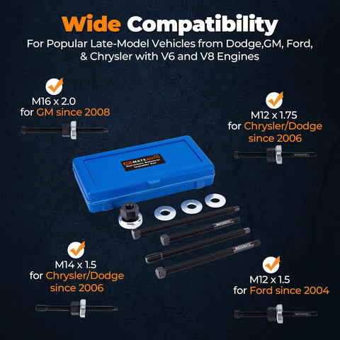 5 Piece Harmonic Balancer Installer Kit With Long Reach Adapters M16x2.0 M14x1.5 M12x1.75 M12x1.5, Nut Bearing Assembly, And 3 Washers