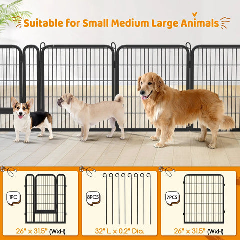 Dogs next to 32 Inch 32 Panels Outdoor Dog Playpen Built Tough Heavy Duty Metal Pet Fence For RV Camping Yard Garden