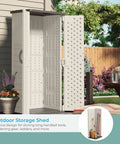 Vertical Outdoor Storage Shed For Long Handled Tools And Garden Gear In Vanilla, open with garden backdrop