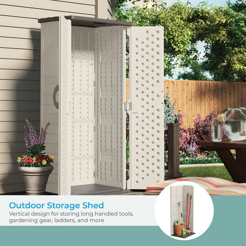 Vertical Outdoor Storage Shed For Long Handled Tools And Garden Gear In Vanilla, open with garden backdrop