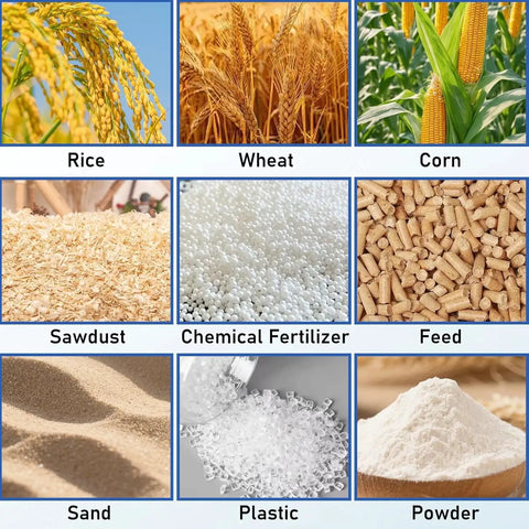 Grid of various materials including rice, wheat, corn, sawdust, chemical fertilizer, feed, sand, plastic, and powder for transfer.