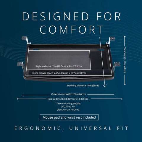 Slick Under Desk Keyboard Tray With Smooth Roll Slide Out Drawer Plus No Sweat Height Adjustments For Serious Typing Comfort And Built In Cable Clutter Control And Roomy Surface For Mice And Large Keyboards showing dimensions and features.