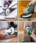 Heavy Duty Four Pack Of 4-1/2 Inch Wood Carving Discs With 7/8 Inch Arbor in action on timber with angle grinders.