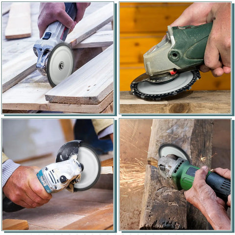 Heavy Duty Four Pack Of 4-1/2 Inch Wood Carving Discs With 7/8 Inch Arbor in action on timber with angle grinders.