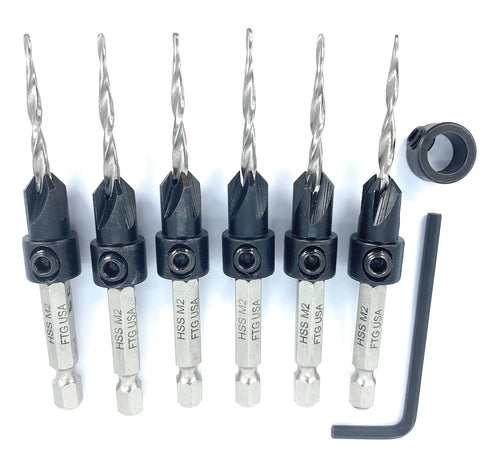 Six Piece 9 64th Inch Wood Countersink Drill Bit Set With Parabolic Flute Tapered Bits Depth Stop Collar And Hex Wrench