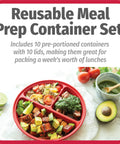 Meal Prep Containers Set 10 Piece BPA Free Round Food Storage With Labeled Compartments Snap Shut Lids Microwave And Dishwasher Safe Red For Portion Control Workweek Lunches And Easy Grab And Go Meals next to fresh ingredients.