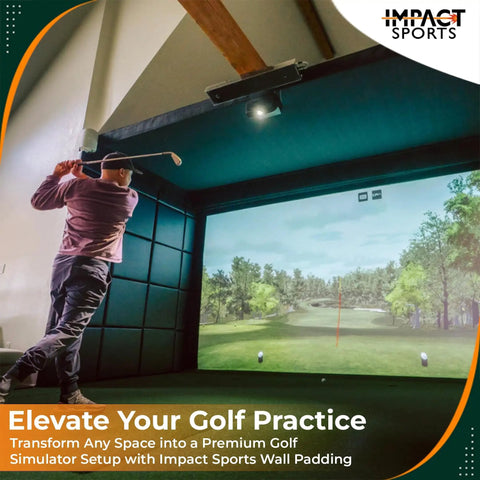 Solid Hit Different Golf Simulator Wall Padding Set High Density Acoustic Foam Panels Wrapped In Durable Pu Leather Faceplate yielding soundproofing for indoor golf setup.