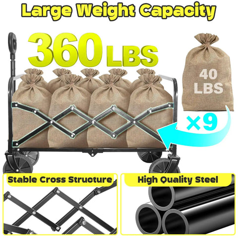 Ultra Portable Collapsible Wagon Cart With Wheels 360Lb Load Capacity showing stable cross structure and high-quality steel