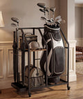 Mobile Golf Storage Organizer For Garage With Locking Casters Heavy Duty Golf Bag Rack To Move Your Gear Easily displayed indoors